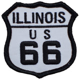 Illinois route 66 patch in the shape of a highway sign in black and white colors on a white background.