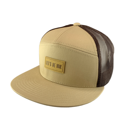 Beige cap with brown mesh and 'Let's Be Irie' patch on a white background
