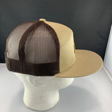 Beige cap with brown mesh and 'Let's Be Irie' patch on a black background