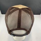 Beige cap with brown mesh and 'Let's Be Irie' patch on a black background