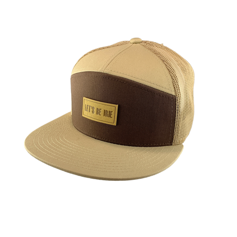 Beige and brown cap with a LET'S BE IRIE logo on a white background