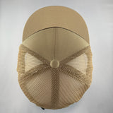Beige baseball cap with mesh back on a light gray background