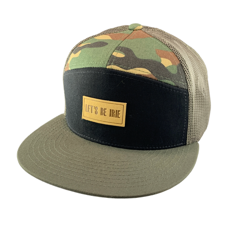 Camouflage trucker hat with a black front panel, an olive bill, and 'Let's Be Irie' patch on a white background