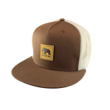 Brown and white cap with a 'Let's Be Irie' patch on a white background
