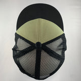 Black and beige cap with mesh back on a light gray background