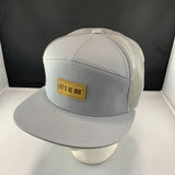 Gray cap with a beige 'Let's Be Irie" patch on a black background