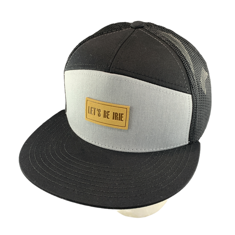 Black and gray cap with a 'Let's Be Irie' patch on a white background