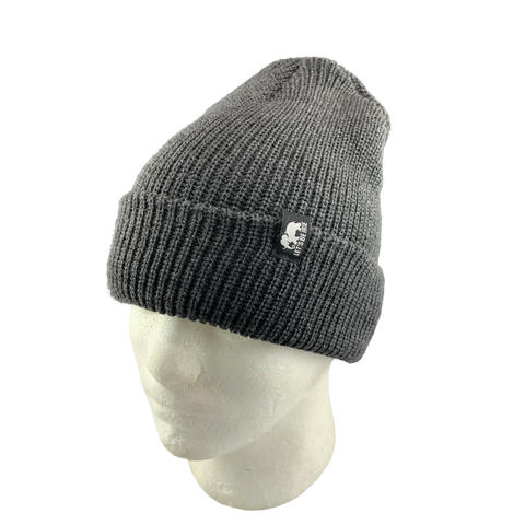 Gray Let's Be Irie beanie on a mannequin head with a clear background
