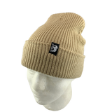 Beige knit beanie with a Let's Be Irie logo woven tag on a mannequin head against a white background