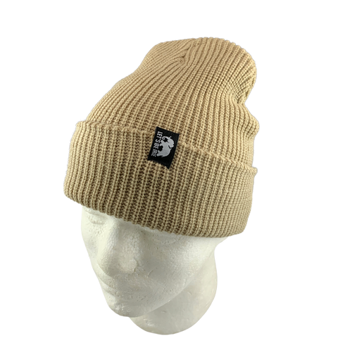 Beige knit beanie with a Let's Be Irie logo woven tag on a mannequin head against a white background