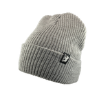 Gray knit beanie with a Let's Be Irie logo on a white background