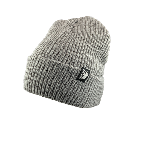 Gray knit beanie with a Let's Be Irie logo on a white background