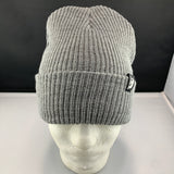 Gray knit beanie with a Let's Be Irie logo on a black background