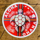 A circular vinyl decal with a turtle design, palm trees, and the text 'ALOHA' and 'OHANA' on a red background.