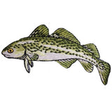 A embroidered patch in the shape of a cod fish, designed as a fishing badge, with green, gray, and white colors.