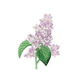 Embroidered design of a branch with purple flowers and green leaves on a white background