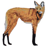 An applique patch depicting a maned wolf, with a black and orange color scheme, designed for iron on application.