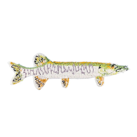 A realistic fish-shaped patch featuring a detailed pattern of green, brown, and gray scales, isolated on a white background.