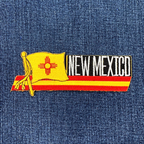 New Mexico patch featuring the state flag and a red and yellow decorative ribbon with the words 'NEW MEXICO' on a denim background.