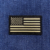 olive drab American flag patch on a blue denim background