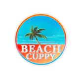 A round multicolored sticker with a palm tree and the text 'BEACH CUPPY' 