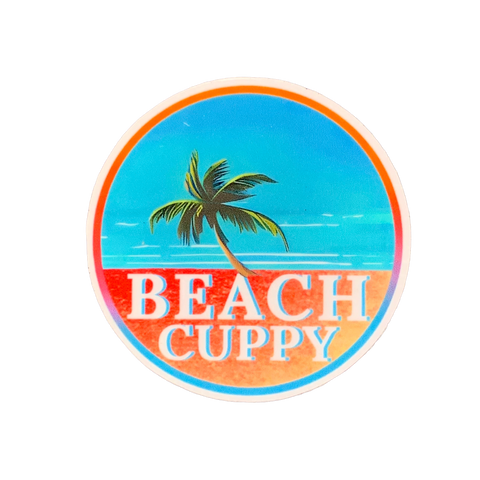 A round multicolored sticker with a palm tree and the text 'BEACH CUPPY' 