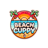 A colorful vinyl decal with the text 'BEACH CUPPY' surrounded by an illustration of palm trees, sun and beach-themed elements.