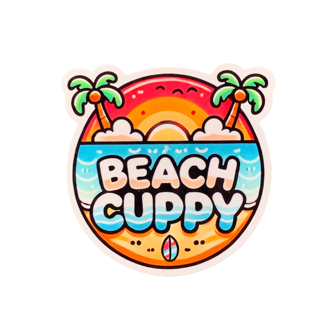 A colorful vinyl decal with the text 'BEACH CUPPY' surrounded by an illustration of palm trees, sun and beach-themed elements.
