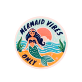 Round sticker with the text 'MERMAID VIBES ONLY' illustrated with a mermaid, sun and sea theme 