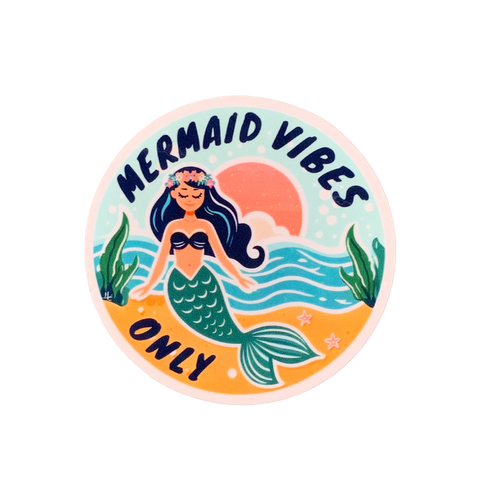 Round sticker with the text 'MERMAID VIBES ONLY' illustrated with a mermaid, sun and sea theme 