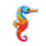 A colorful sticker depicting a seahorse with a geometric pattern of colors.