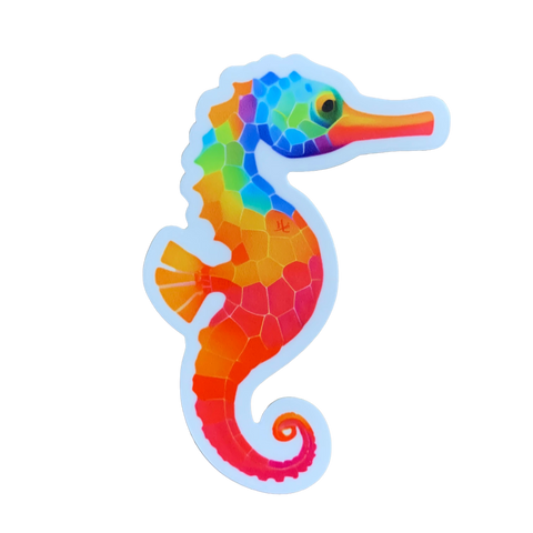 A colorful sticker depicting a seahorse with a geometric pattern of colors.