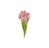An embroidered floral patch featuring a pink and white flower with green leaves and stems, isolated on a white background.