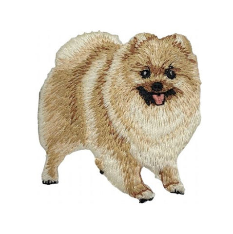 Embroidered patch of a Pomeranian dog standing on all fours with a happy expression.