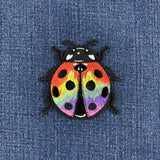 Rainbow Ladybug Patch on a denim background