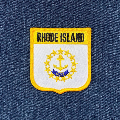 Embroidered patch of Rhode Island on a denim background