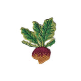 A small embroidered Rutabaga patch with green leaves and a red-orange root