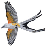 An applique patch depicting a Scissor-Tailed Flycatcher with orange and black colors on a white background, designed for ironing onto fabric.