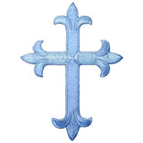 A sky blue colored cross applique patch designed for ironing on fabric.