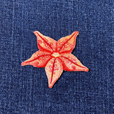 A embroidered starfish applique patch in pink, orange, and yellow colors on a denim background