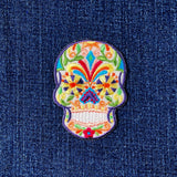 Sugar Skull Applique Patch - Embroidered Día De Los Muertos Halloween Badge 2.75" (Iron On, White/Yellow)