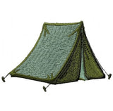 An embroidered green tent patch placed on a white background.
