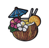 Embroidered patch of a coconut drink with flowers and an umbrella on a white background