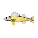 A yellow embroidered fish patch with black outlines and subtle purple shading, shown against a plain white background.