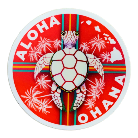 A circular vinyl decal with a turtle design, palm trees, and the text 'ALOHA' and 'OHANA' on a red background.