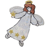 Decorative angel patch with gold stars on a white background