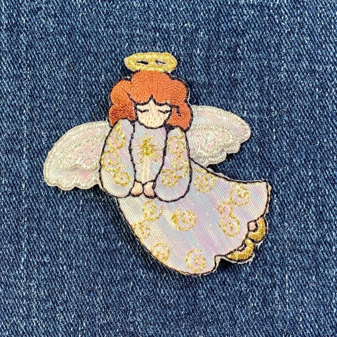 Praying Angel Applique Patch - Shimmery Embroidered Badge 2-1/8" (Iron On)