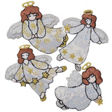 a set of four angel patches on a white background