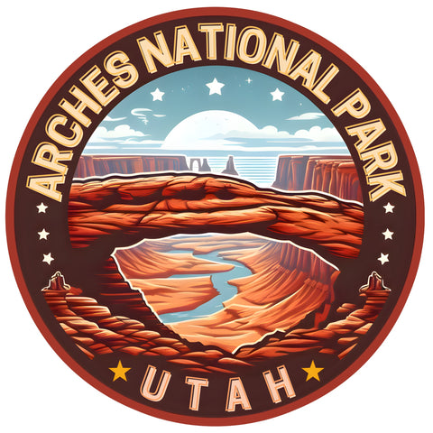 A circular vinyl decal featuring the Arches National Park logo with a stylized depiction of a desert landscape and a blue sky.
