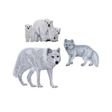 Embroidered patches of polar bears, a fox and a wolf on a white background